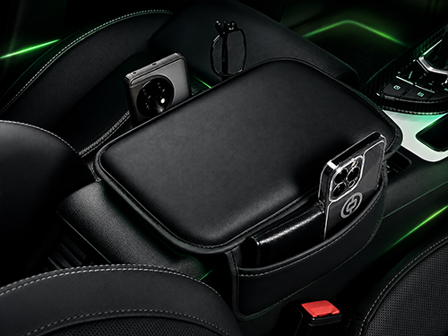 Center console armrest booster pad with storage pocket in a car