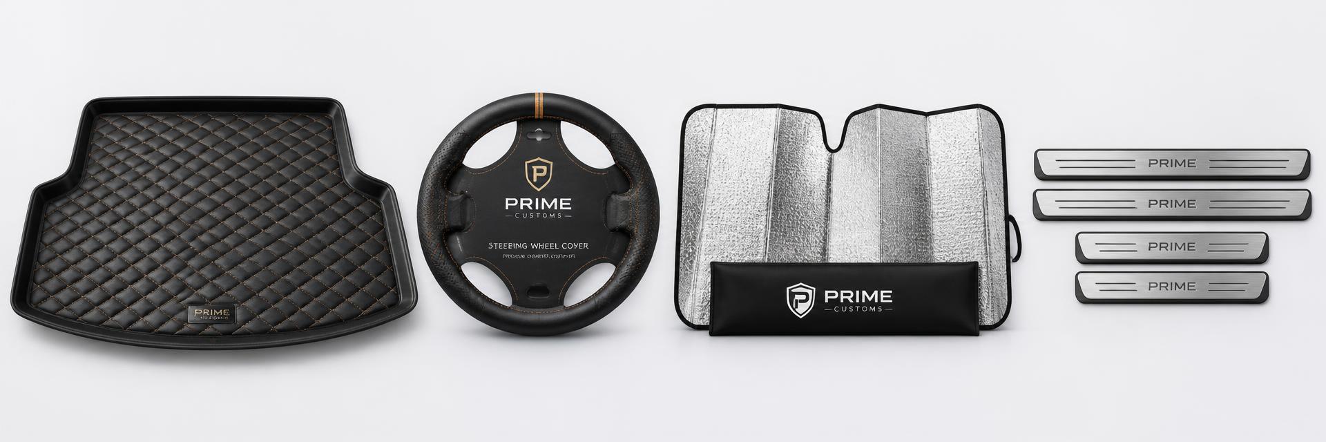 Custom add-ons: trunk cargo liner, steering wheel cover, sunshade and door sill protectors