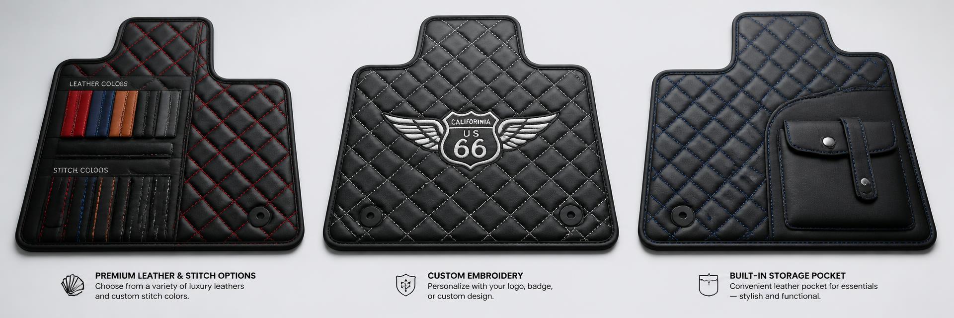 Custom floor mat options: leather and stitch colors, embroidered custom logo and built-in side pocket