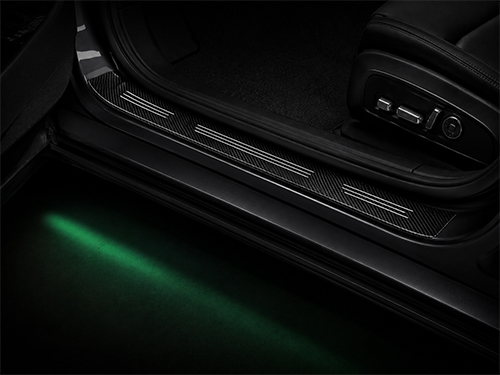 Carbon-fiber style door sill protector trim on a car entry threshold