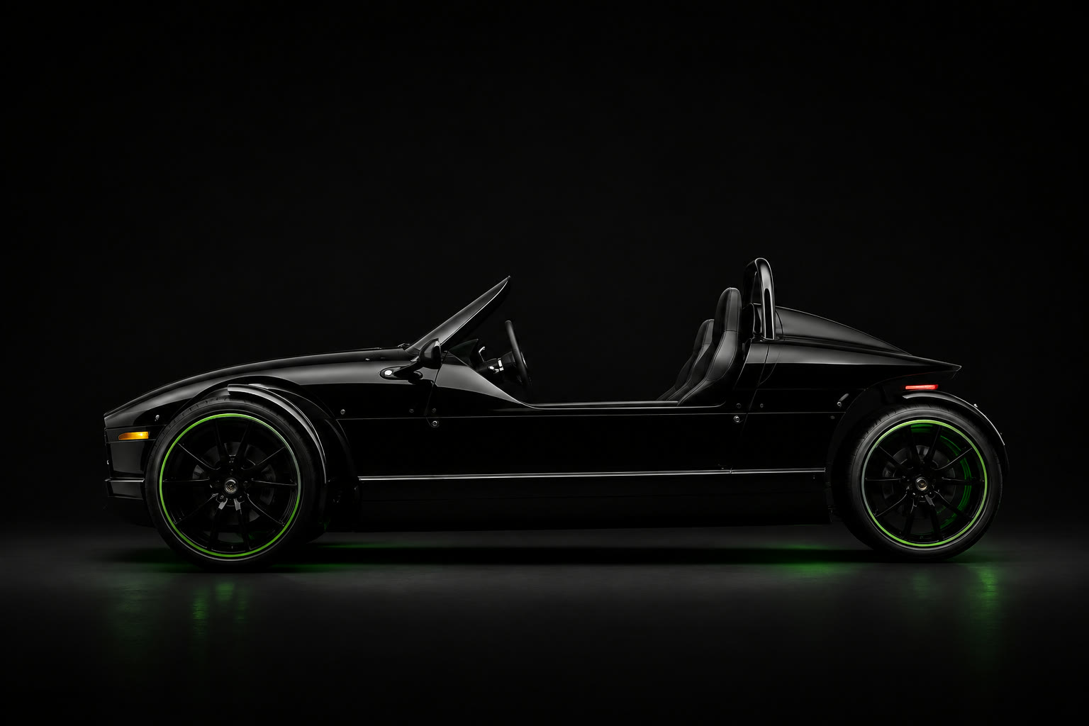Retro three-wheeled Vanderhall side profile